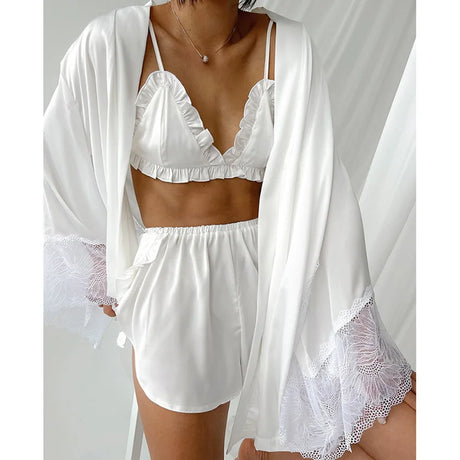 Pajama Sets Patchwork Lace Robe Sets With Bra Satin Sexy Underwear Set Woman 3 Pieces Sleepwear Sets Bathrobes 2023 Nightwear