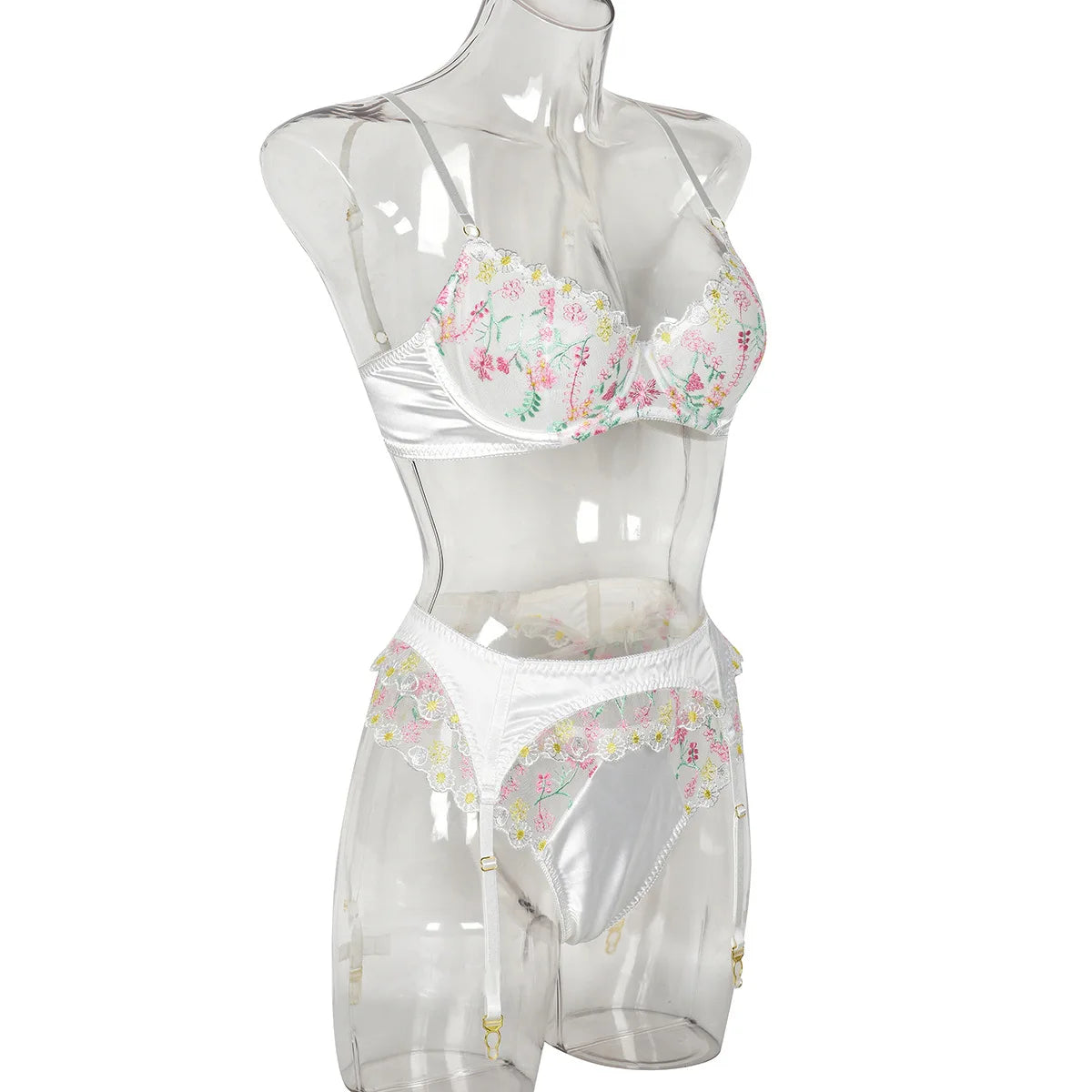 New White Floral Embroidery Fairy Lingerie Sets Transparent Mesh Patchwork Underwear Garter Intimate Panties Erotic Suits
