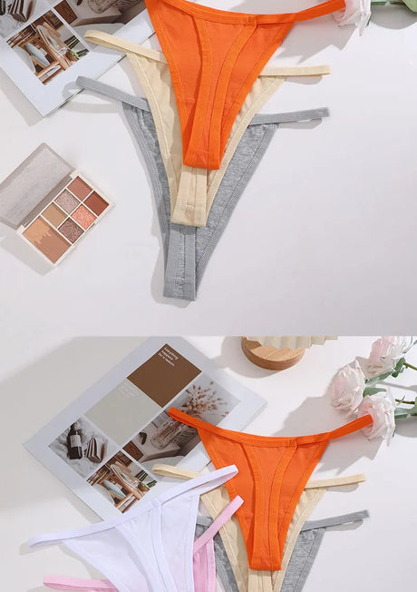 3Pcs/Set Women Sexy Cotton G-String Thin Strap Femme Thong Underwear Intimate Panties Low Waist Briefs Lingerie Cotton T-back