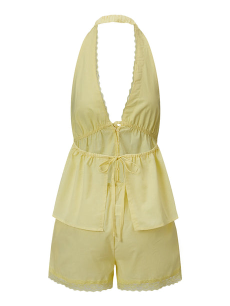 Women Summer Casual Outfit Lace Trim Halter Babydoll Tops and Shorts Solid Color 2 Pieces Sets