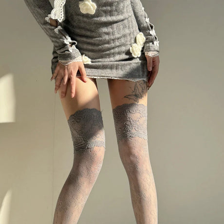Women Fishnets Stockings Sexy Lace Fishnet Floral Knee High Socks Breathable Hollow-out JK Mesh Lolita Retro Thigh Highs Socks