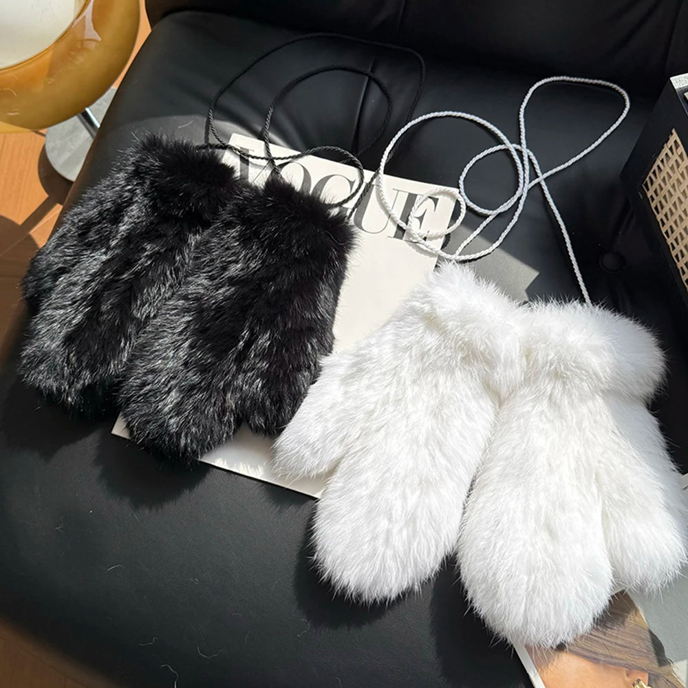 Hot Sale Women's 100% Natural Rabbit Fur Winter Gloves Warm Knit Thick Thermal Mittens Soft Real Fur Outdoor Cold Weather Glove