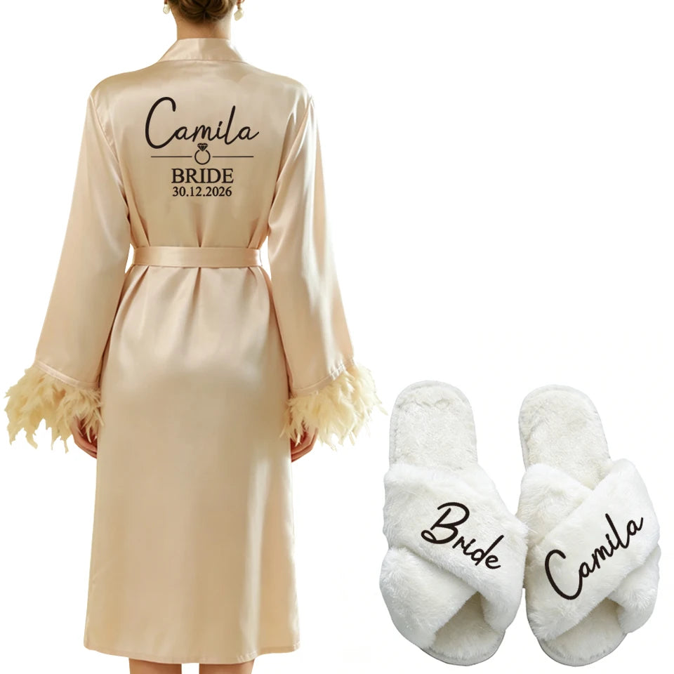 Personalized Name Date Wedding Feather Bride Robe Bridesmaid Bathrobe Nightwear Long Elegant Woman Gown Sexy Nightgown for Party