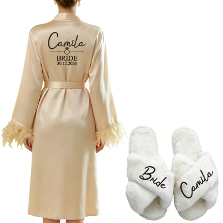 Personalized Name Date Wedding Feather Bride Robe Bridesmaid Bathrobe Nightwear Long Elegant Woman Gown Sexy Nightgown for Party