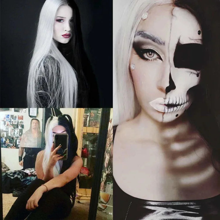 Cosplay Halloween Party Wigs CRUELLA Deville De Vil Black White With Bangs Short Bob Hair for Women Heat-Resistant Synthetic Wig