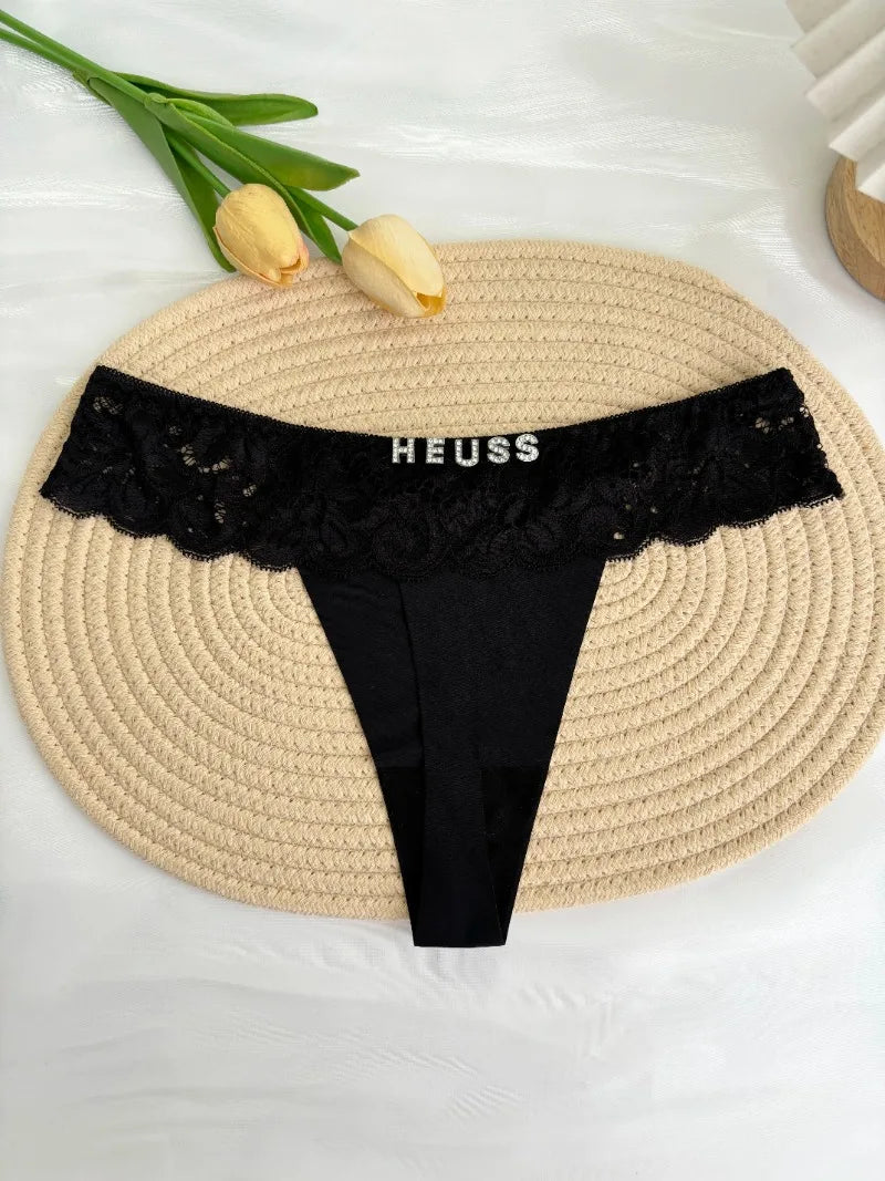 Personalized Custom Thong Name Crystal Letter G-String Low Waisted Lace Thong Ice Silk Bikini Panties Hot Wife Girlfriend Gift