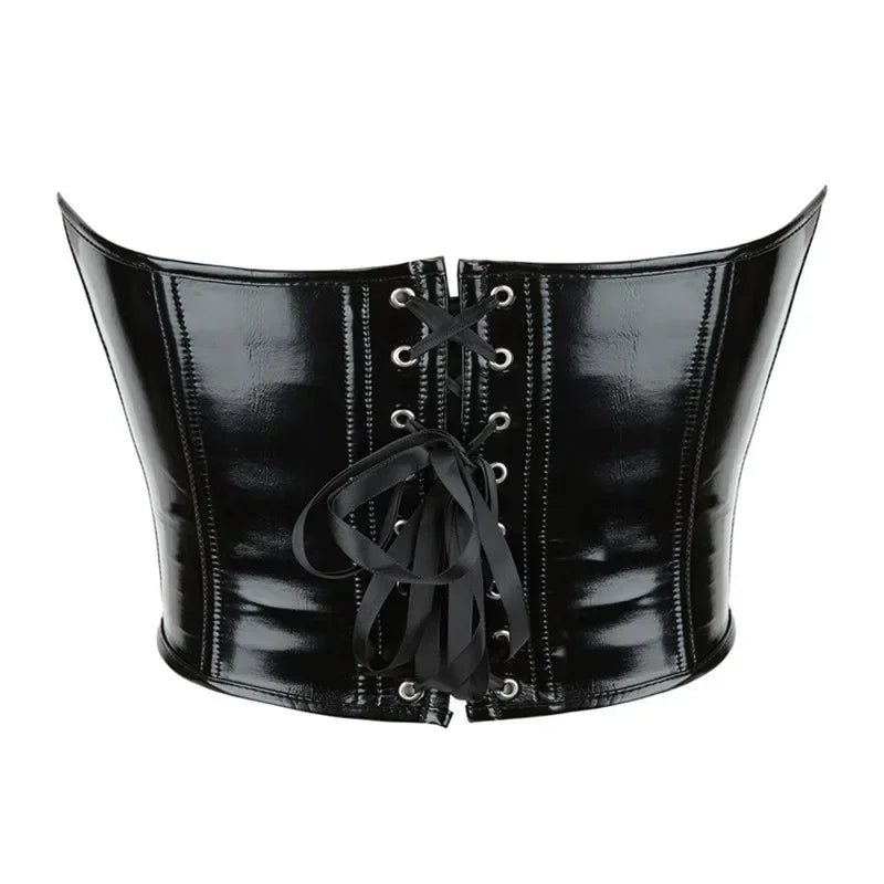 Black Shiny PVC Bustier Faux Leather Corset Crop Top Body Shaper Women Sexy Corselet Vest Plus Size