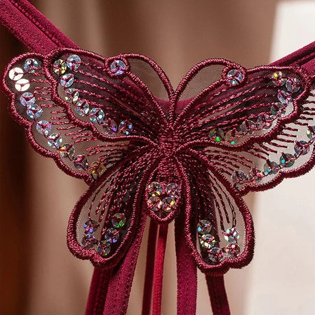 Butterfly Embroidery Pearl Thong Women Sexy Lace Panties Open Crotch G-String Female Lingerie Massage Pearl Underwear T-Back