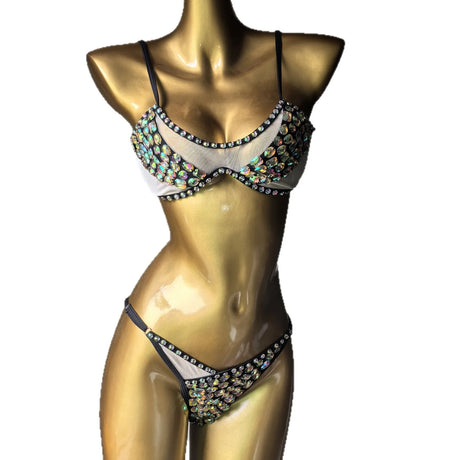 Rhinestone Beaded 2 Pcs Bikini Set Underwire Mesh Side Tie Bikini Women Luxury Crystal Sparkle Beach Festival Rave Bathing Suit