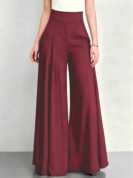 Elegant Women High Rise Pleated Palazzo Pants Solid Multi Color Loose Fit Flare Long Trousers Business Office Work Wear Wide Leg