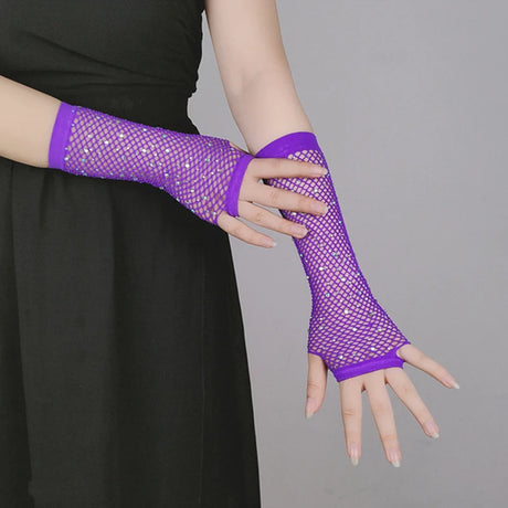 Sexy Elastic Mesh Gloves With Colored Flash Diamonds Bungee Stage Performance Hollow Fishing Net Punk Hiphop Women's Gloves R51