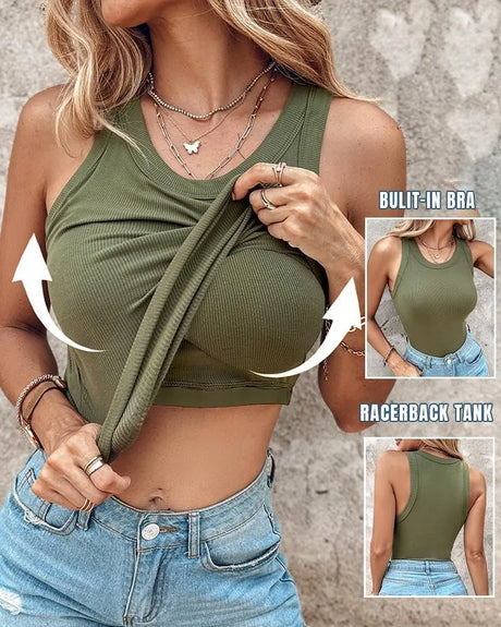 2026 New Spring Summer Women Built in Bra Tank Tops Round Neck Sleeveless Casual Tops Female Racerback Ribbed Fitted Tank Tops