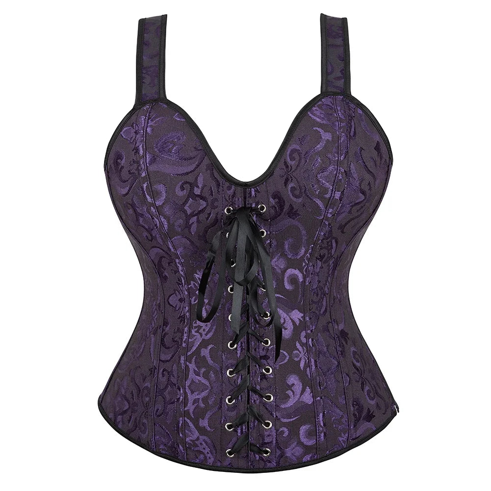 Gothic Corset Top With Straps Sexy Floral Zipper Brocade Overbust Lingerie Burlesque Body Shaper Lace Up Bustier Plus Size