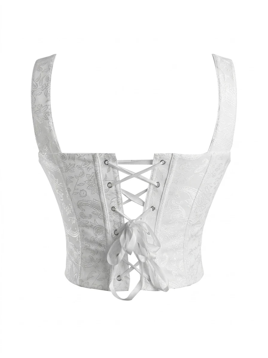 Floral Jacquard Wide Strap Corset Top Front Hook Back Lace Up Square Neck For Women