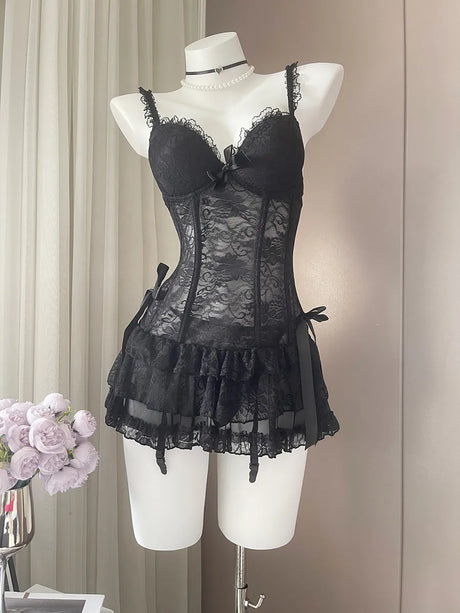 French Sexy Lace Nightdress Summer Women's Corset Gather Suspenders Pajamas with Chest Pads See Through Mesh Lace Loungewear