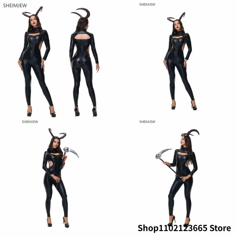 Halloween Cat Girl Masked Hero Cosplay Jumpsuit Black Patent Imitation Leather Bodysuit Nightclub Bar Carnival Party Catsuit New