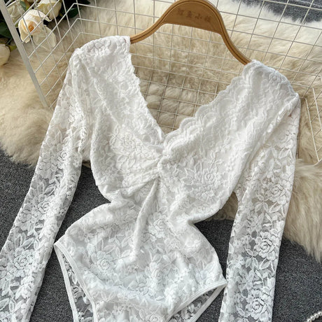 Sexy Mesh Lace Bodysuit Fashion Long Sleeve V-neck One Piece Basic Hotsweet Women Print Gothic Slim Streetwear Jumpsuit Ins