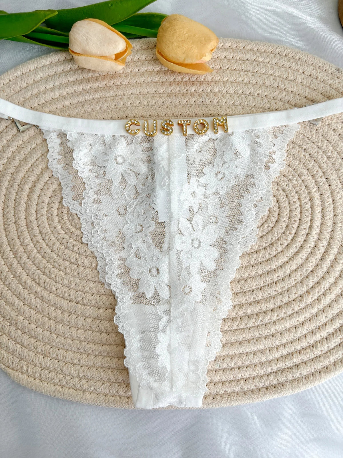 Custom Rhinestone Letter Name Text Sexy Lace Thong Panties Low Rise G-string Personalized Gift Wife Lover Anniversary Festival