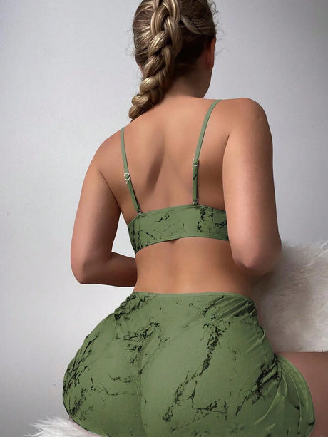 Bikini Printed Crop Neck Bikinis Ruched Waist Side Tie Swimwear Marble Print Metal Ring Detail Two Piece Sets