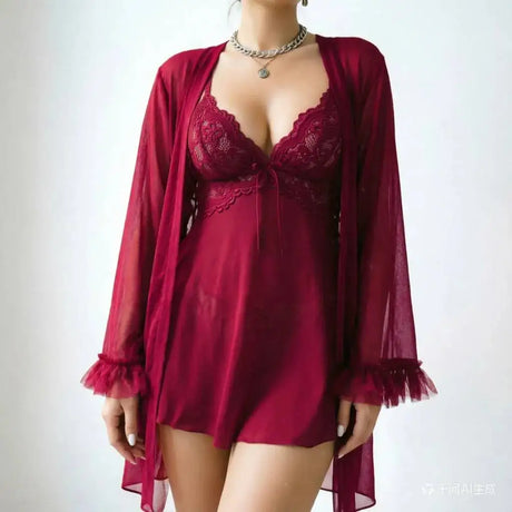 Women White Floral Sheer Mesh 3 Piece Lingerie Robe Set Ruffle Sleeve Front Robe V Neck Nightgown Matching Thong Sleepwear MQ1I