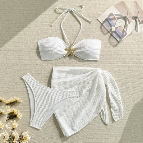 Metal Starfish Brown Bandeau Bikinis Sets 3 Pieces Sexy Swimsuit Cover Up Women 2026 Holiday Swimwear High Cut Bather Beach Wear