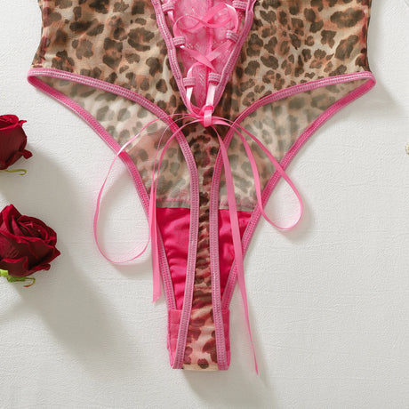Wild Lingeries Femme Ultra Hot Sexy Lace Mesh Patchwork Leopard Print Bodysuit Coquette Girls' Open Crotch One Piece Teddy