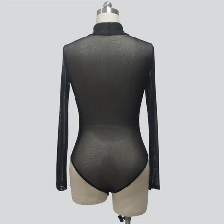 Sexy Women T Shirt See Through Mesh Black Long Sleeve Bodysuit Sheer Slim Turtleneck Tulle Crop Top T-Shirt Transparent Clubwear