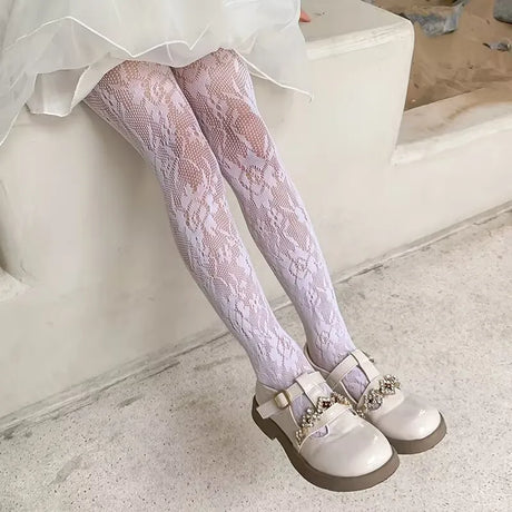 Lolita Girls Vertical Stripe Lace Mesh Pantyhose Cozy Wear Resistant Elastic Knit Elegant Sweet Princess Leggings