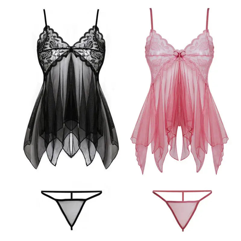 Tulle Suspenders Exquisite Women's Lencerias Lace V-Neck Underwear Semi-transparent Thong Dress Set Females Lingerie Nightgowns