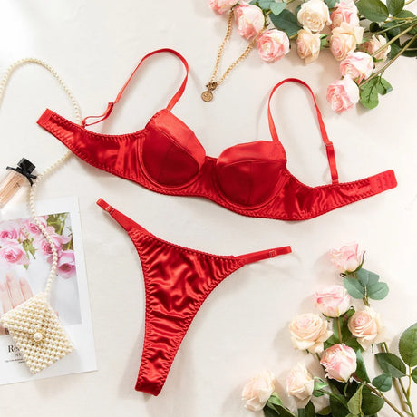Krasapt Romantic Satin Lingerie 2 Pcs Sets Sexy Patchwork Bras And Thongs Underwear Suits Wedding Night Erotic Intimate Outfits