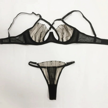 Women Sexy See Through Lace Bra Set Elegant Perspective Bikini Thong Set French Style Erotic Push Up Underwear Bra Panty Sets