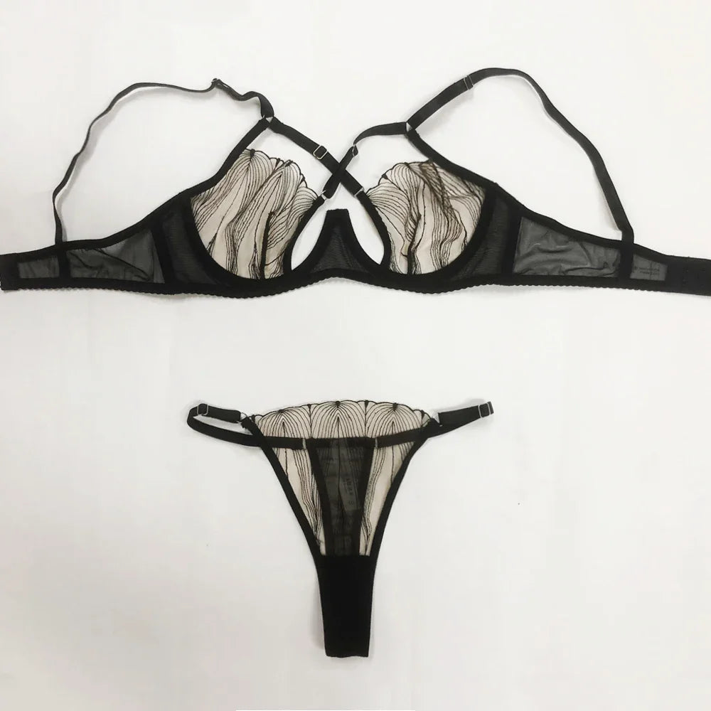 Women Sexy See Through Lace Bra Set Elegant Perspective Bikini Thong Set French Style Erotic Push Up Underwear Bra Panty Sets