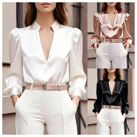 Elegant Women's Satin Blouse with Puffed Sleeves and V-Neck Design – Chic Pink Silk-Look Top