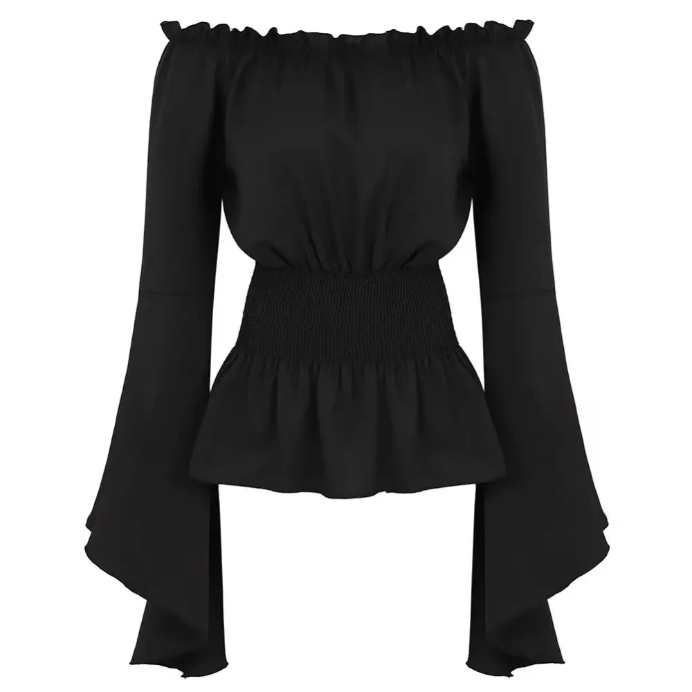 Women Renaissance Blouse Medieval Victorian Long Sleeve Corset Corset Waist Off Shoulder Shirt Pirate Cosplay Costumes Halloween