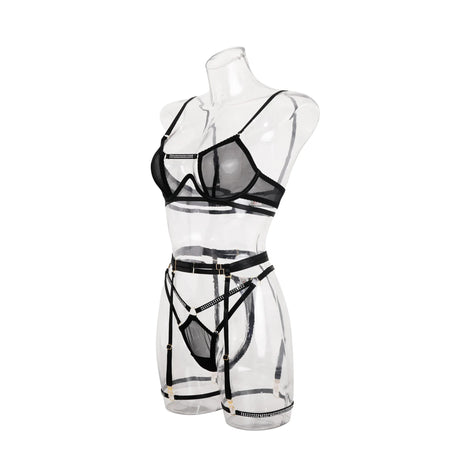 Hollow Out Lingerie Set Women Sexy Push Up Underwired Diamond Patchwork Bra Brief Underwear Set Black Bandage Garter Erotic Suit
