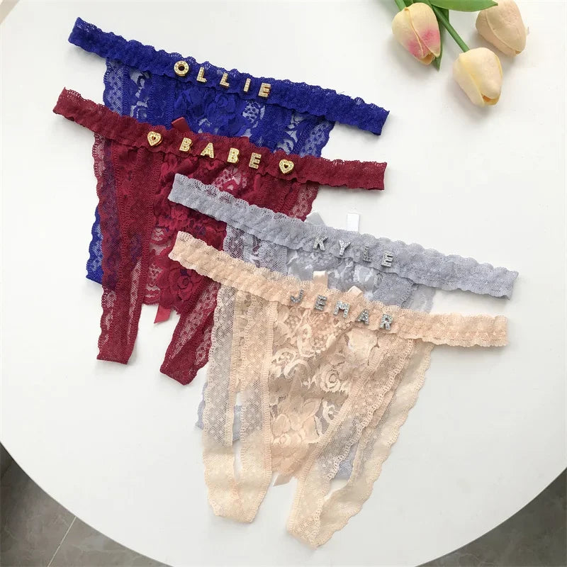 Customized Crystal Name Letters Women's Sexy Breathable Lace Underwear Low Waisted Opening Thong Bikini Erotic G-String Panties