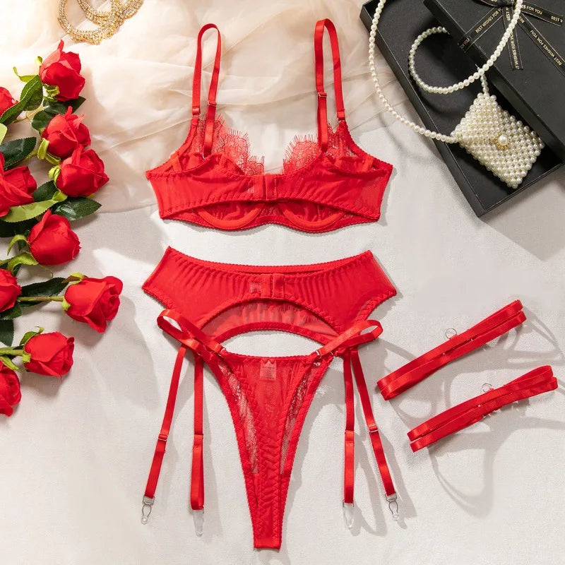 Women's Red Lace Lingerie Set with Underwire Bra High Waist Garter Belt Thong and Thigh Straps Romantic Bedroom Outfit Set 2026