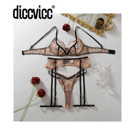 Diccvicc Sexy Bronze Embroidery Lingerie Set Sheer Mesh Contrast Black Harness Bra Garter Belt Women Elegant Intimate Underwear