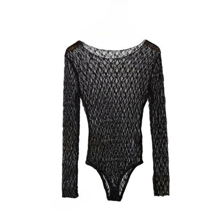 Women's Black Lace Bodysuit Y2k Long Sleeve Sheer Tops Fashion Slim Hollow Out See Through Mesh Blouses Sexy Lingerie Bodysuits