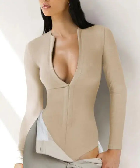 Bodysuit Women 2026 Spring New Solid Color Half Zipper Design Round Neck Long Sleeve Skinny Daily Basic Knit Bodysuit Top