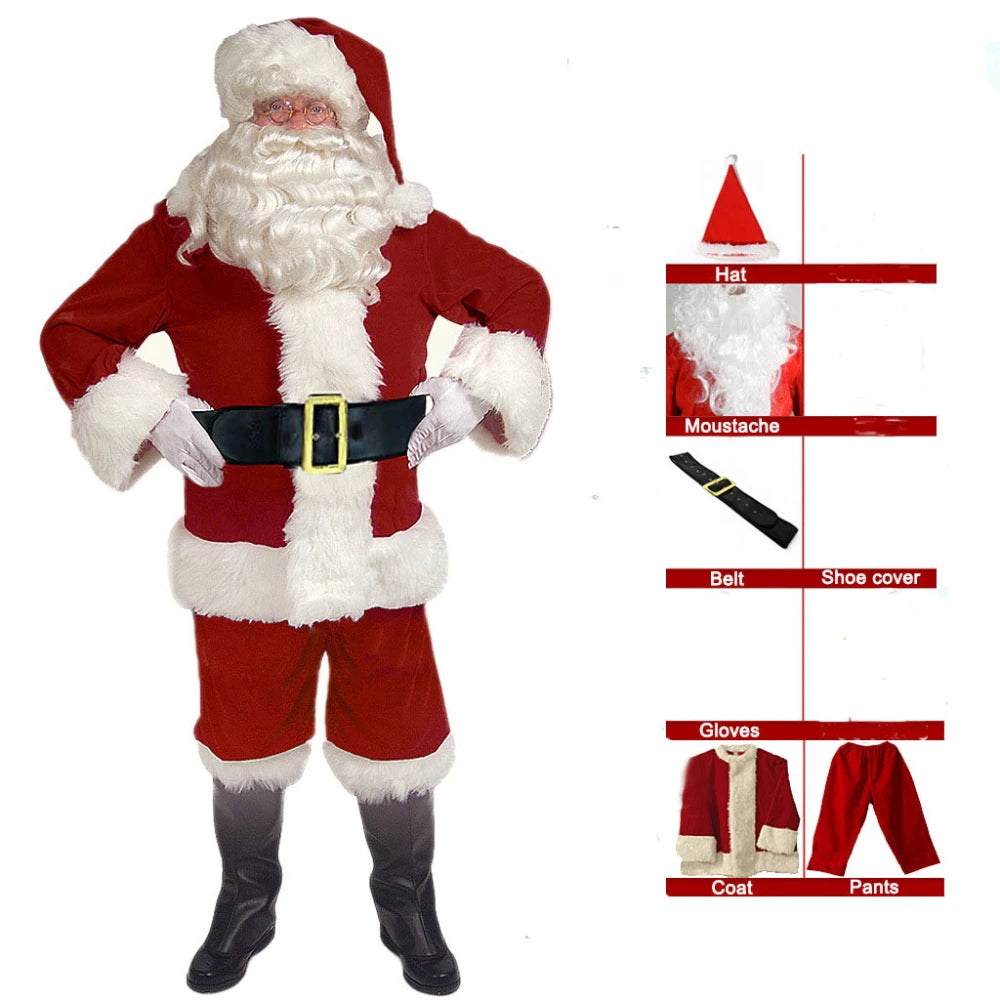 Santa Claus Cosplay Costume Christmas New Year Men Costumes Red Deluxe Classic Adults Xmas Set Carnival Party RolePlay Suits