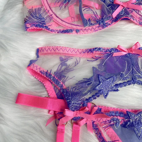 Pink Fancy Lingerie Floral Luxury Lace See Through Underwear Sensual Garter Belt Set Contrast Color Fairy Outfit