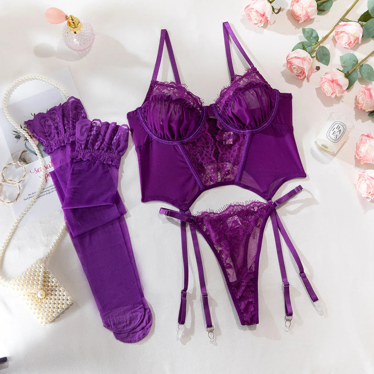 Sexy Purple Eyelash Lace Lingerie Set 3Pcs Mesh Transparent Fishbone Bustier Bra Panty with Stockings Sensual Underwear