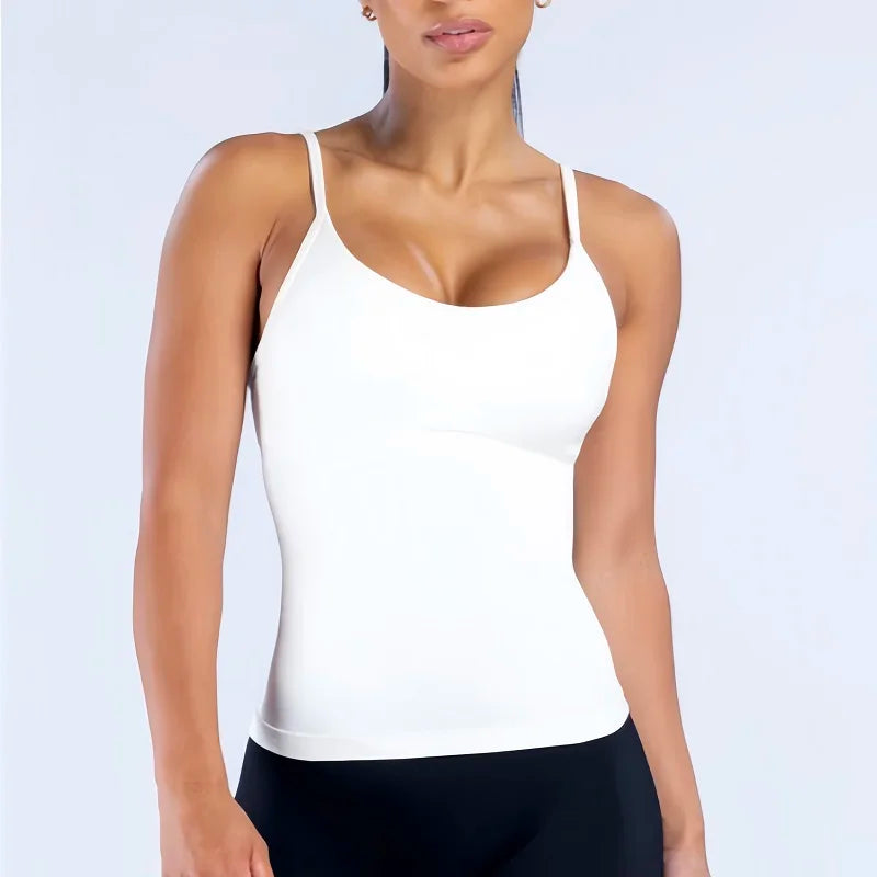 HISTELLO Impact Scoop Neck Top Women Seamless Yoga Tank Top Thin Strap Open Back High Stretch Slim Fit Gym Workout Fitness Wear