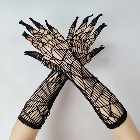 Sexy Elastic Mesh Gloves With Colored Flash Diamonds Bungee Stage Performance Hollow Fishing Net Punk Hiphop Women's Gloves R51
