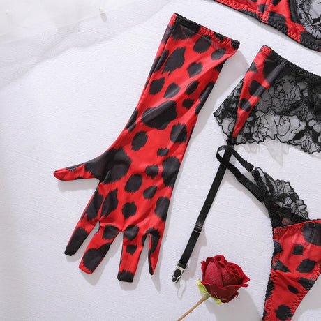 Diccvicc Sensual Lingerie Woman See Through Sexy Lace Bra Garter Belt Leopard Underwear with Stocking Glove Exotic Intimate Wear