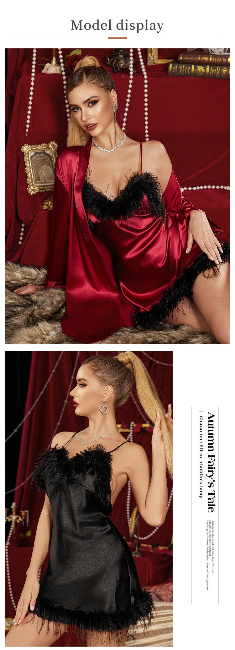 New European Luxury Plus Size Women Pajama Set Sexy Spaghetti Strap Nightgown with Fringe Trim Matching Robe Loungewear