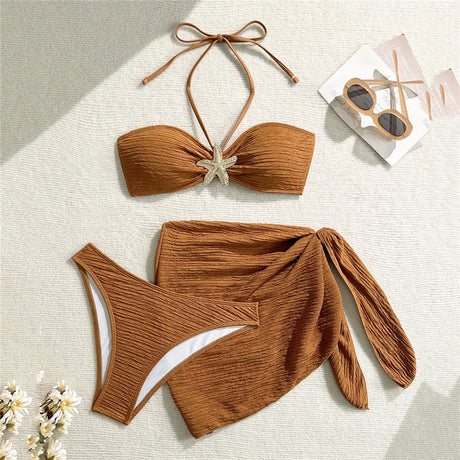 Metal Starfish Brown Bandeau Bikinis Sets 3 Pieces Sexy Swimsuit Cover Up Women 2026 Holiday Swimwear High Cut Bather Beach Wear
