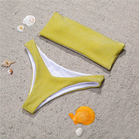 Shiny Bikini Bandeau Swimsuit Tinsel Swimwear Y2K Trend Women Strapless Micro Bathing Suit Brazilian Beach Outfit Bikinis Tangas