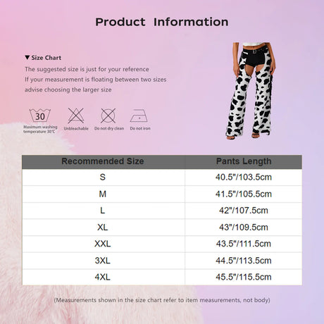 Womens Cow Spot Pattern Flannel Long Pants Adjustable Waist Open Crotch Biking Riding Cowgirl Chaps Halloween Cospaly Costume